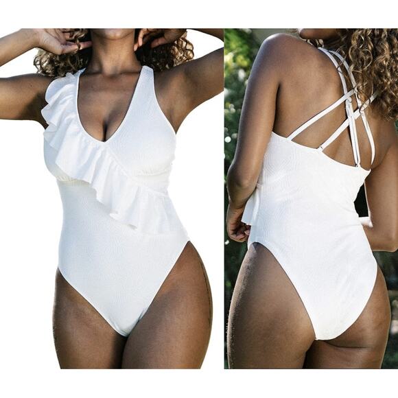 White Ruffle One Piece Double Crisscross Strappy Swimsuit - Picture 1 of 8